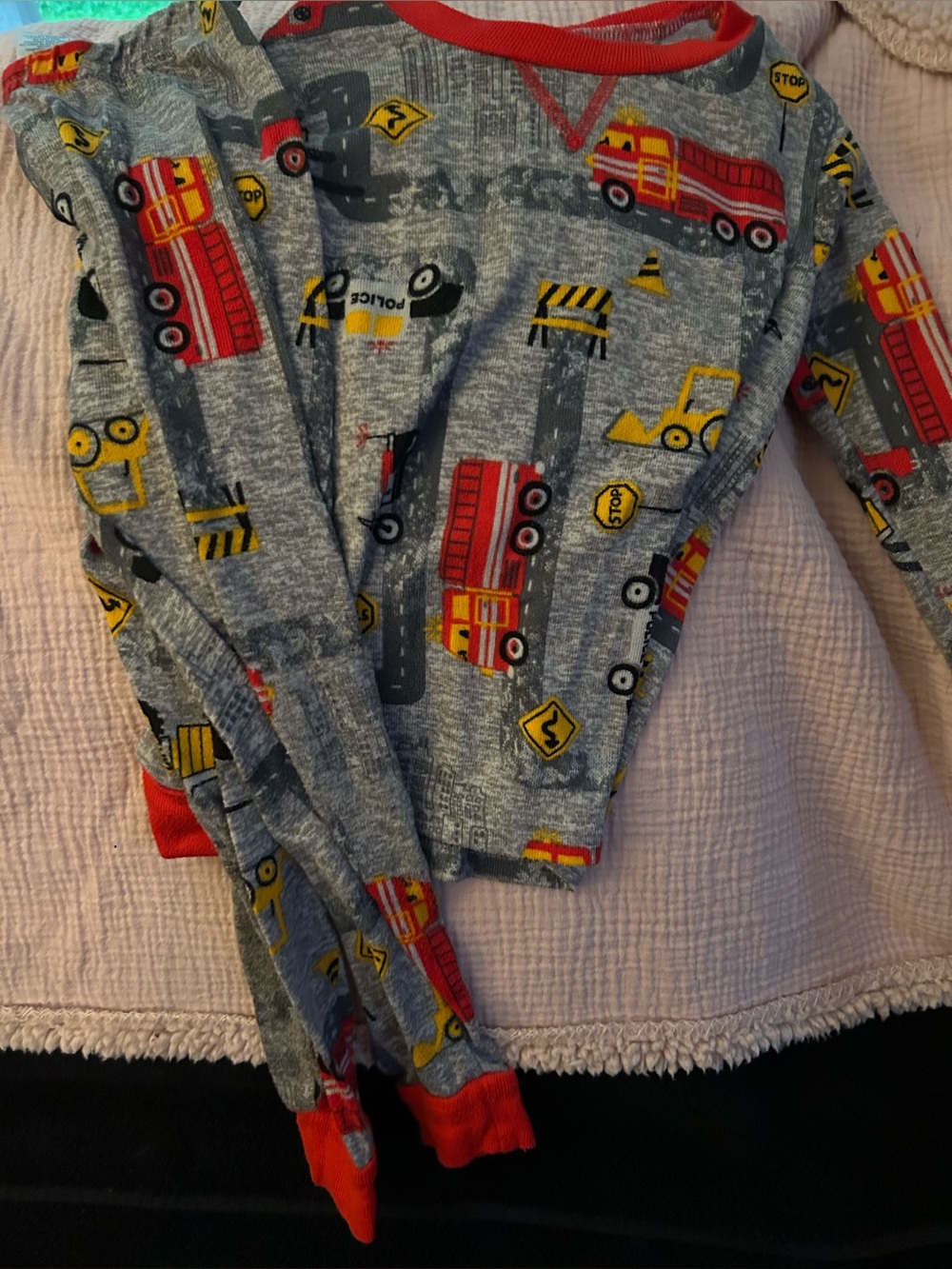 Essentials Gray Toddler Pajamas with Red and Yellow Fire Truck Print